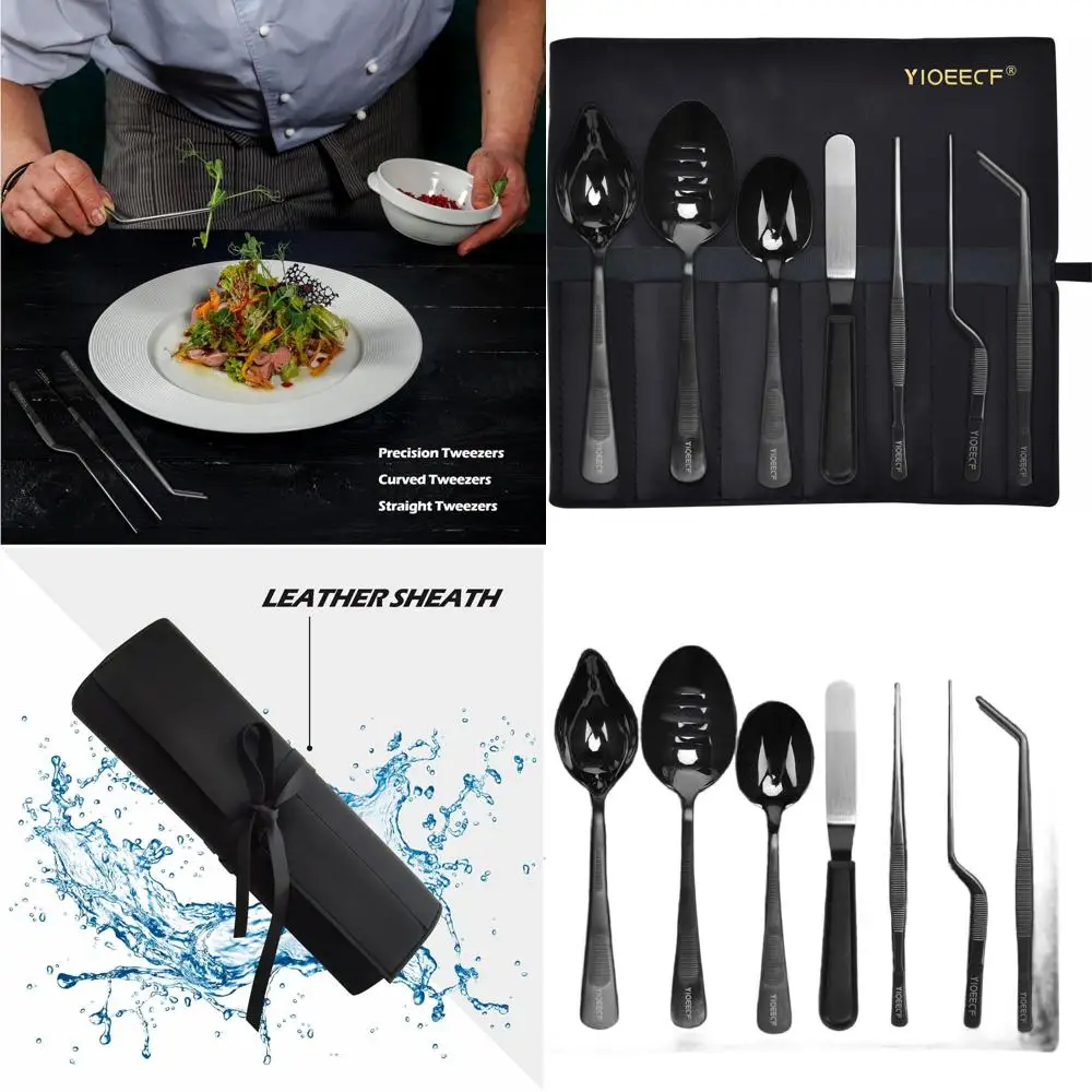 

7-Piece Black Leather Chef Plating Tools Set with Stainless Steel Tweezers and Scoop