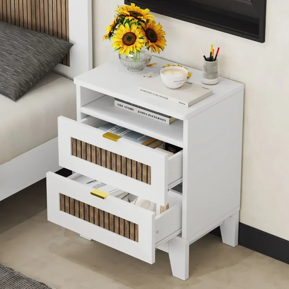 Double Drawer Wooden Bedside Table with Wooden Trim and Metal Handles, Wooden Side Table with Storage Cabinet in Bedroom