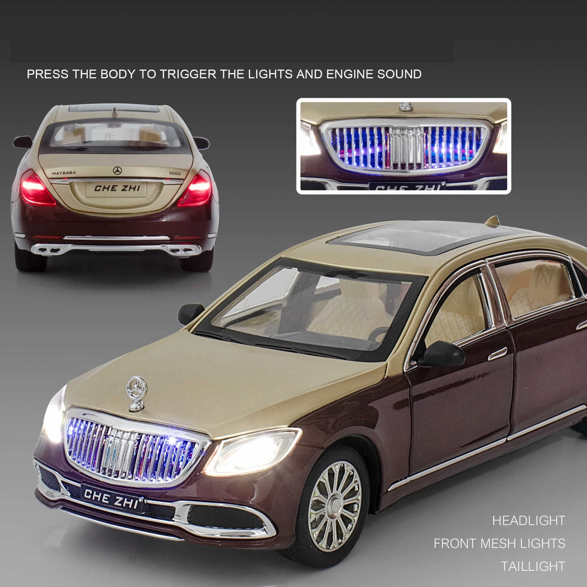 1/24 Maybach AMG S600 Toy Car Model, Diecast Alloy Metal Miniature Pull Back Sound & Light Collection Free Wheel Gift For Boy