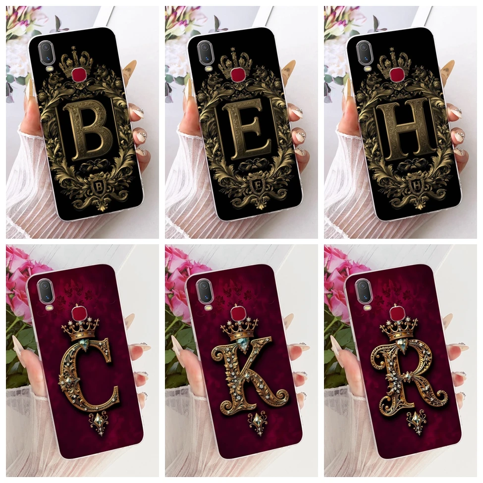 غلاف لهاتف Vivo 1906 غطاء لهاتف Vivo Y11 2019 حافظة شفافة فاخرة على شكل تاج موضة A-Z رسائل 2D نمط مسطح حافظة هاتف ناعمة