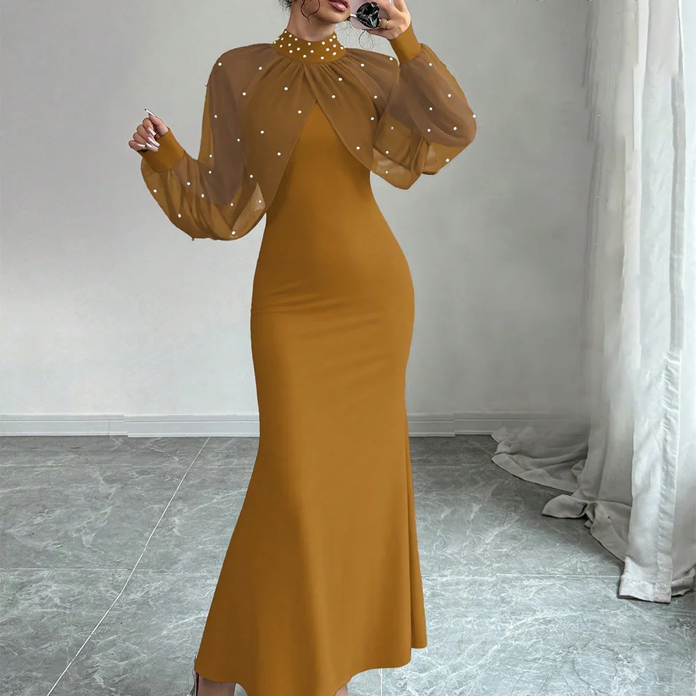 

Women Dresses 2026 Spring Autumn New Solid Color Beading Decor Lace Splicing High Neck Long Sleeve Slim Hip Wrapping Long Dress