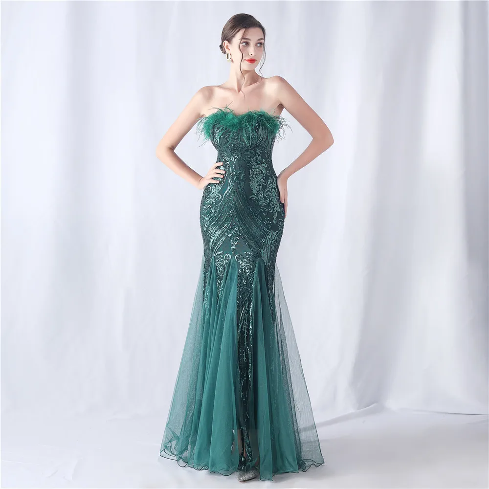 

DSP Women's Strapless Prom Dresses with Feathers Elegant Mermaid Sequins Evening Party Maxi Dresses Formal Occasion Dress Gala