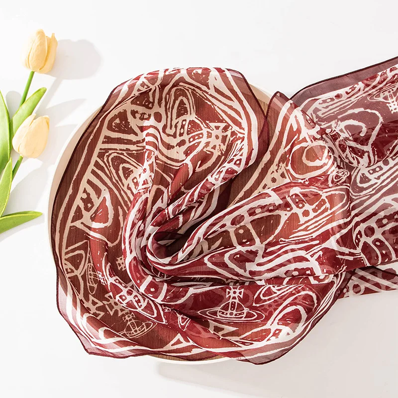 スカーフブラウンシルク女性日焼け防止通気性夏ロングネックラップアクセサリービーチ春の休日高級