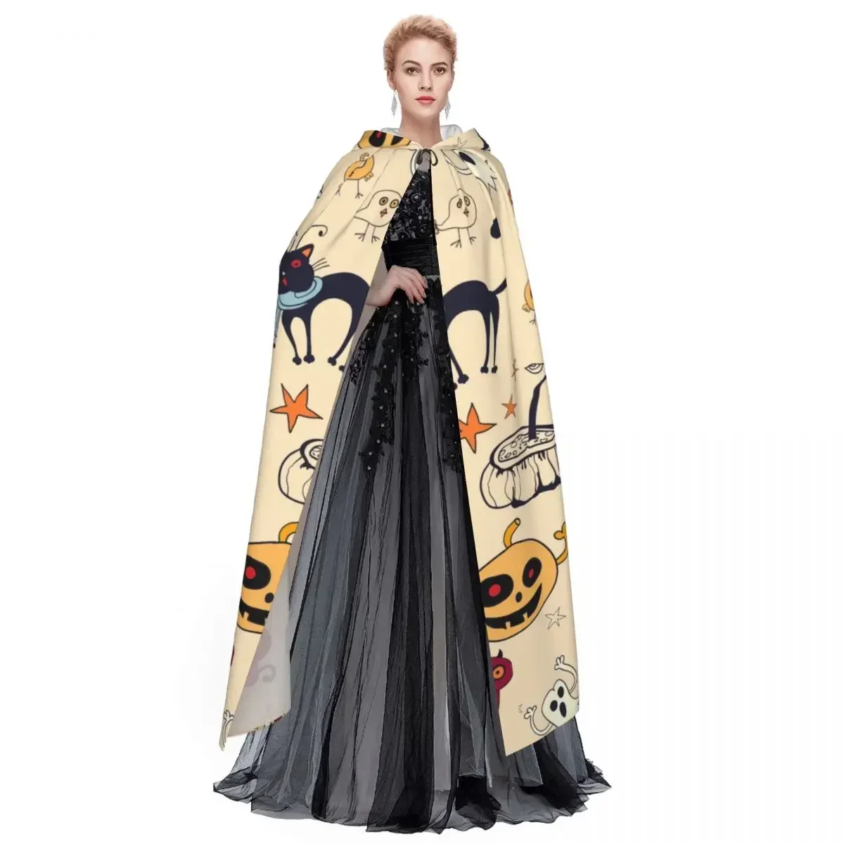 Unisex adulto Halloween gatos fantasma patrón con capucha disfraz de bruja larga Cosplay mantener caliente resistente al agua