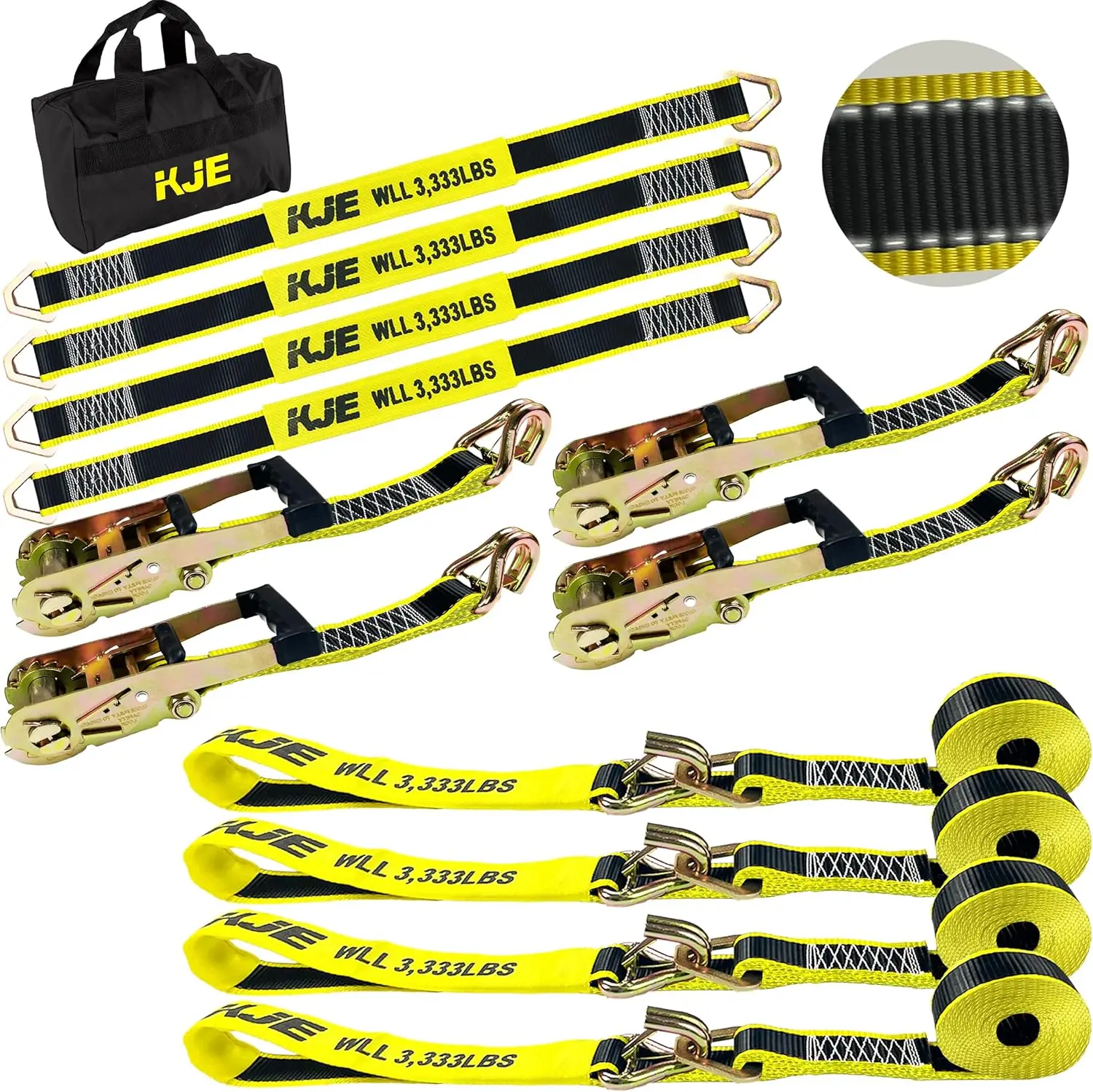 

Heavy Duty Car Trailer Tie Down Straps with Reflective - 4 Pack 2" x 10' Ratchet Straps + J-Hooks, 4 Axle Straps 2" x 36", 10,000lbs Break Strength for Car, Truck, UTV Transport