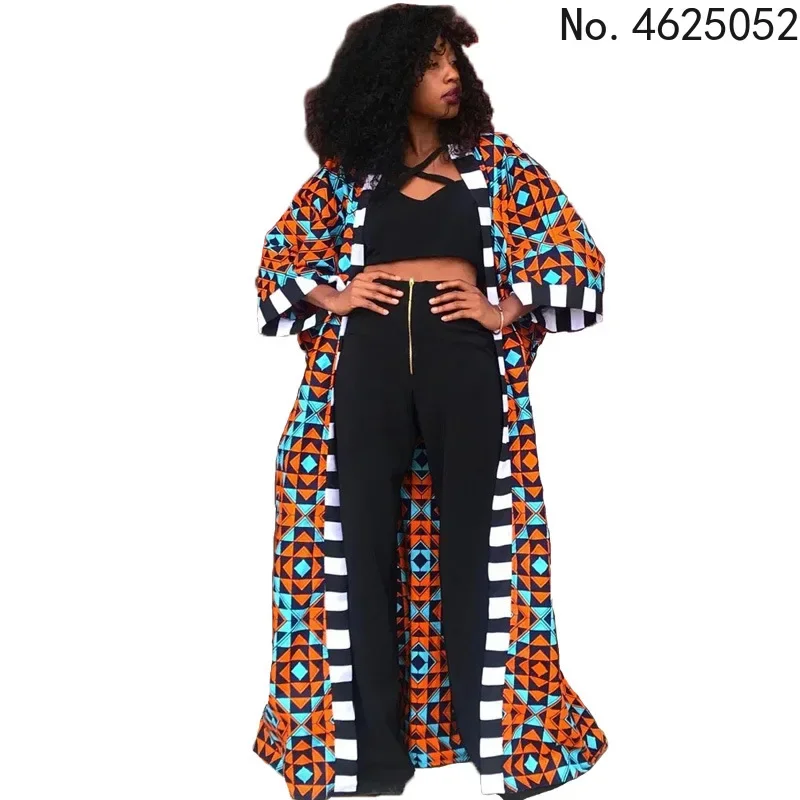 Spring Summer African Printed Outwear Women Causal 3/4 Sleeve Open Trench Coat Women Overcoat Beachwear