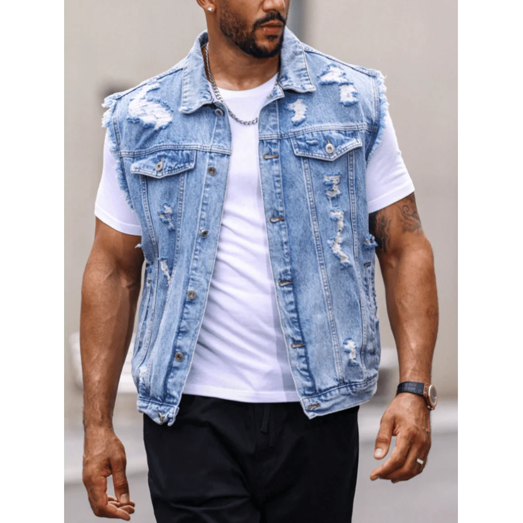 

Men's denim jacket street fashion short-sleeve vest frayed hole jacket