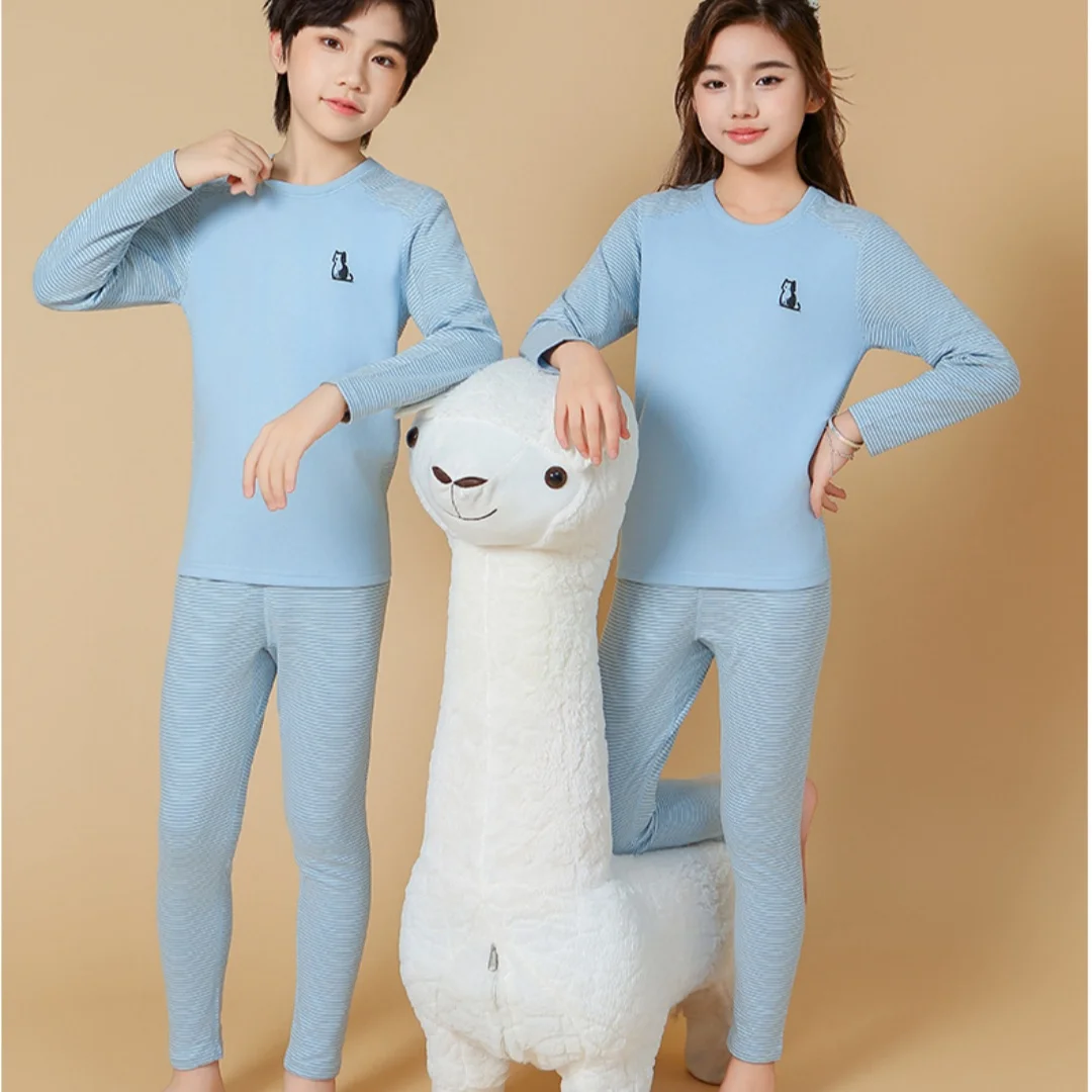 4-9Y الأطفال نحى ملابس اخلية حرارية مجموعات اللون كتلة طويلة الأكمام بلوزات وسراويل أطفال بنين بنات الخريف الشتاء الدافئة منامة