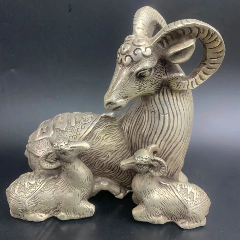 Old China White Copper Hand-carved Three Sheep Three Yangs Bring Bliss Statue Ornaments