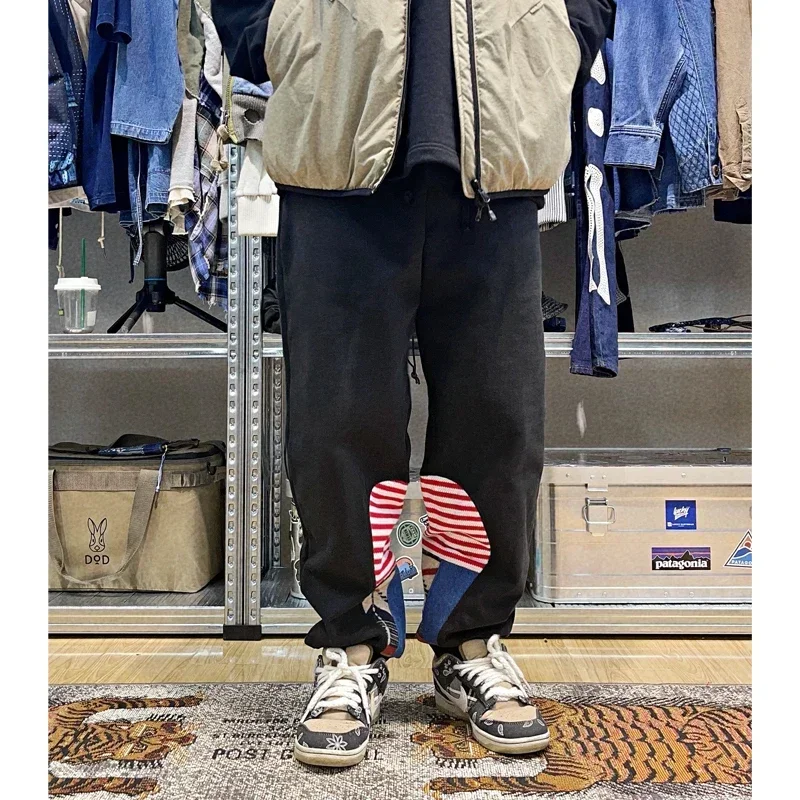 Japanese Retro Heavy Weight Cotton Sanitary Pants Ethnic Style Water Drop Splicing Elements Men's Elastic Waist Casual