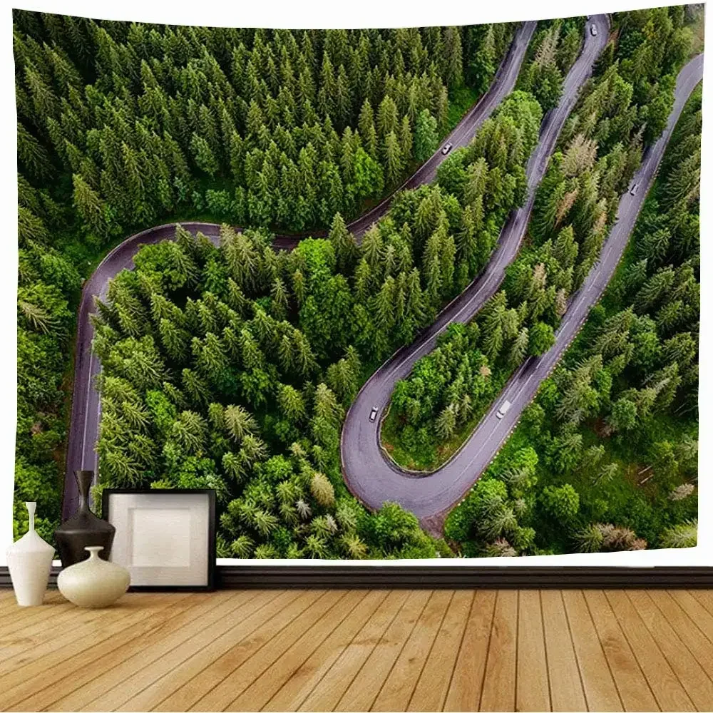 Aerial Flight View Tapestry Country Nature Forest Road Adventure Trip Tapestry Wall Hanging Decor for Bedroom Living Room Dorm