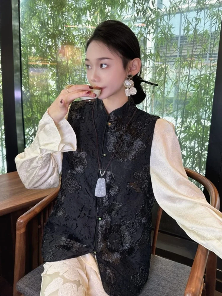 

Новая китайская кружевная жилетка ручной работы, весна 2024, с цветочной вышивкой, женская, из полиэстера