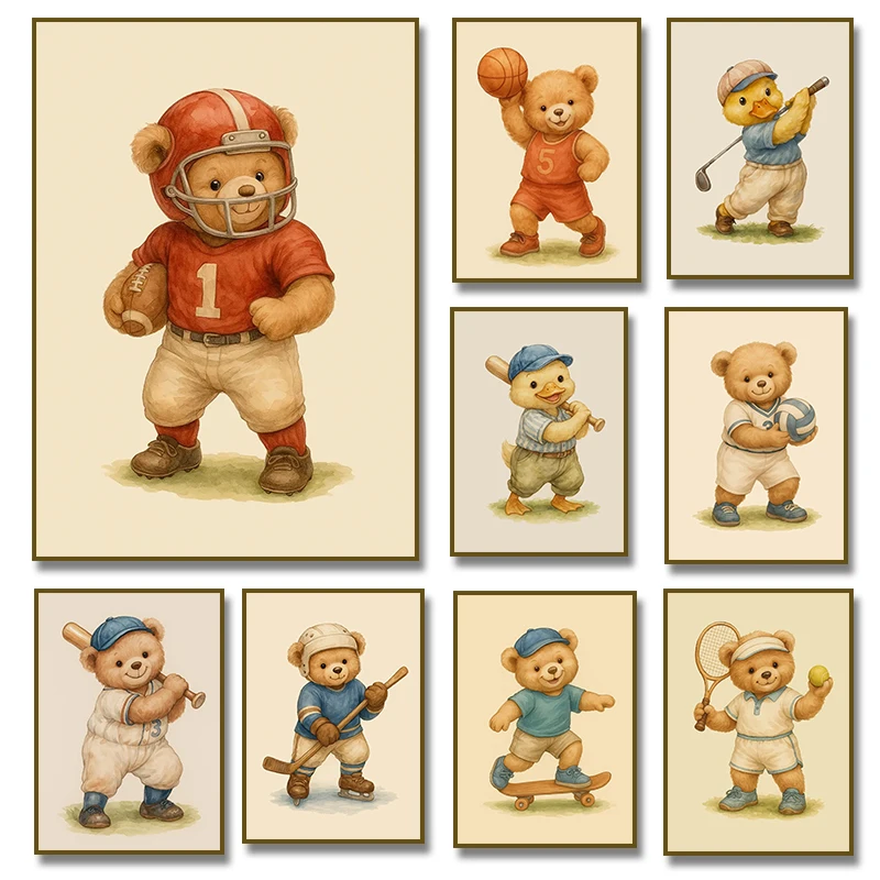 Vintage Skateboard Volleyball Football Baseball Tennis Teddy Bear Poster Canvas Painting Print Wall Art Living Room Home Decor