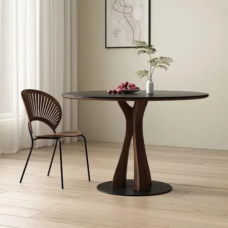 

Artistic Round Sintered Stone Dining Table Sintered Stone Top With Curved Walnut Wood Pedestal Base Modern Kitchen Furniture