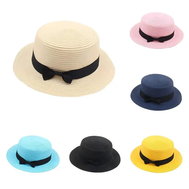 Damen-Sommerhut im britischen Stil, einfacher Strohhut mit kleiner Krempe, koreanischer Stil, Schleifenknoten, flacher Sonnenhut, beliebter Damen-Strohhut