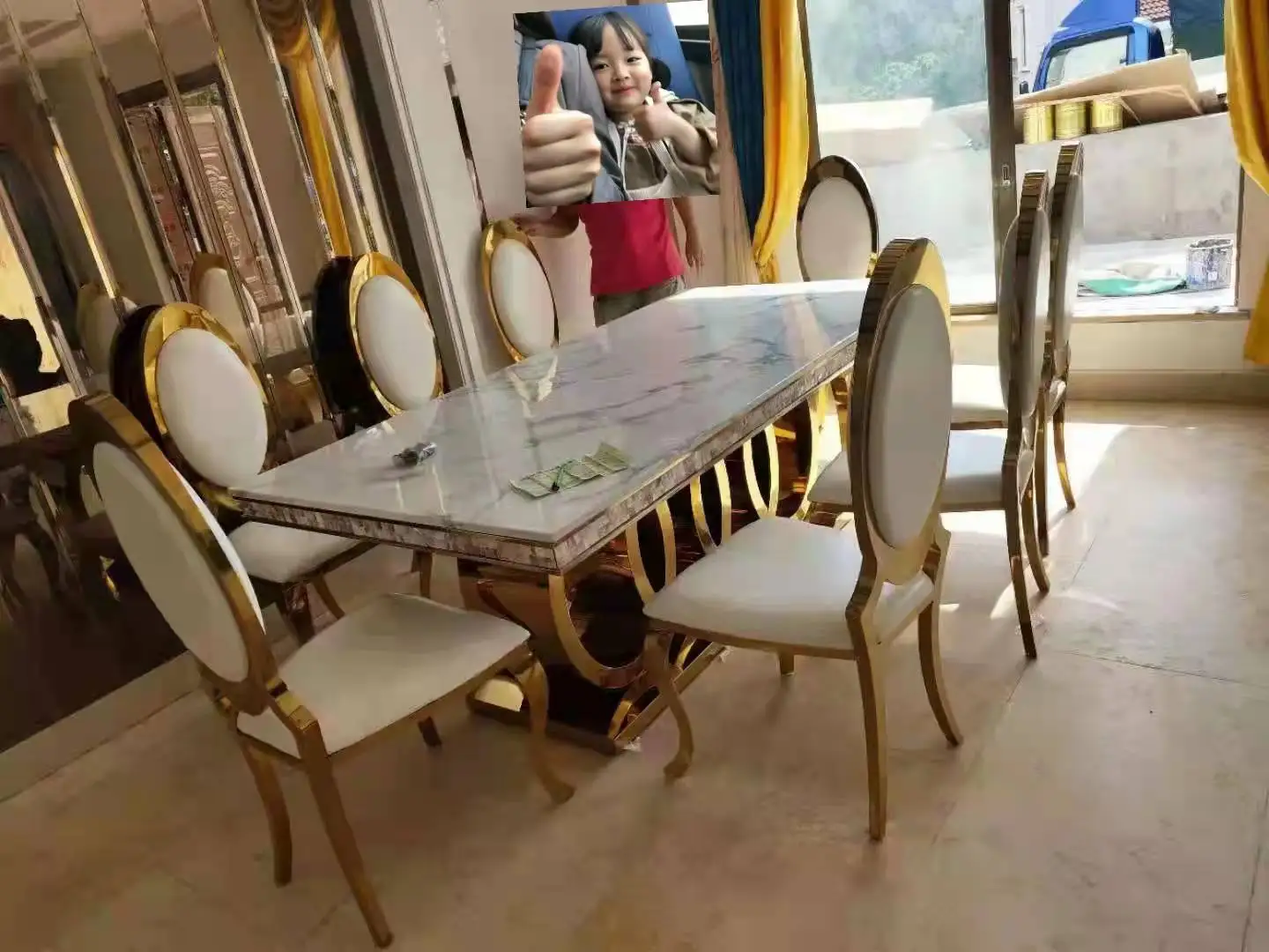 

Marble Countertop Stainless Steel Leg Dining Table Set Hotel Restaurant
