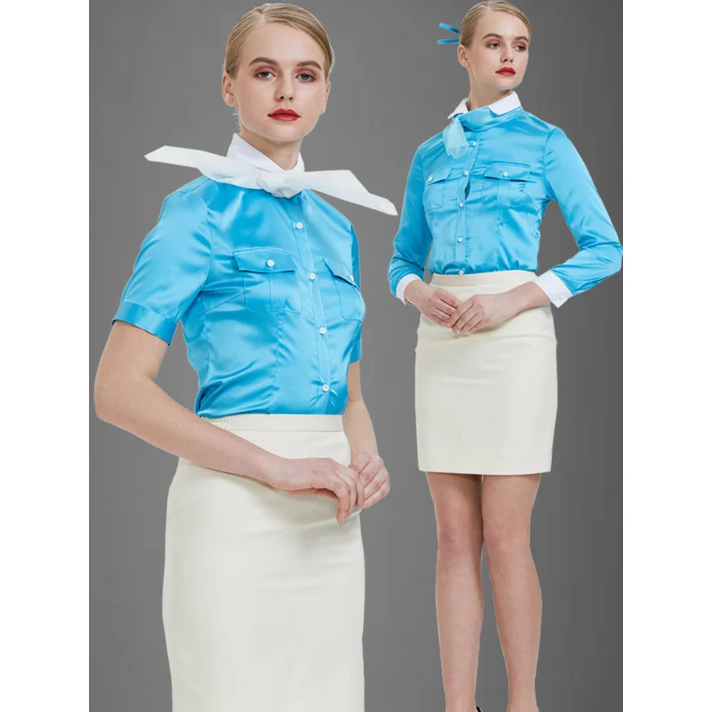 

South Korean Flight Attendant Interview Etiquette Suit Glossy Full Sleeved Shirt Short Sleeved Shirt Skirt Blue Apron S-2XL