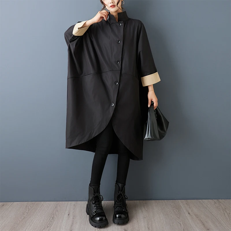 سترة واقية كاجوال كبيرة الحجم بياقة واقفة من Batwing Sve سترة واقية للربيع والخريف ملابس خارجية طويلة غير منتظمة من ألياف البوليستر #3