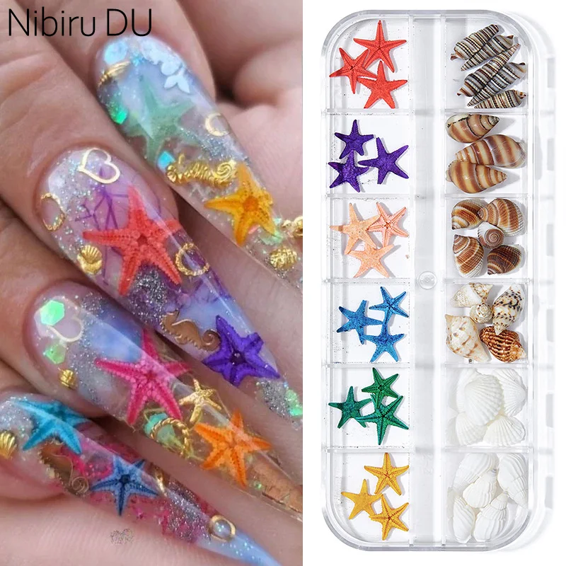 

12 Grids Summer Ocean Style Nail Art Charms Natural Abalone Sea Shell Starfish Irregular Slice Decorations DIY Nails Accessories