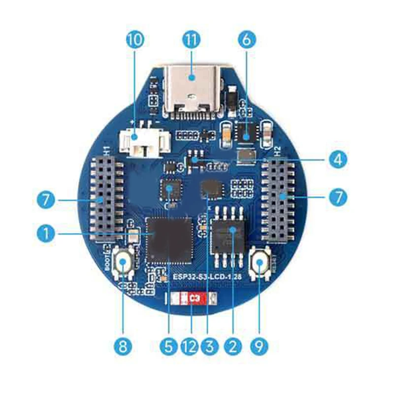 لوحة تطوير ESP32-S3 معالج ثنائي النواة 32 بت LX7 مع شاشة LCD مستديرة IPS مقاس 1.28 بوصة، يدعم واي فاي/بلوتوث