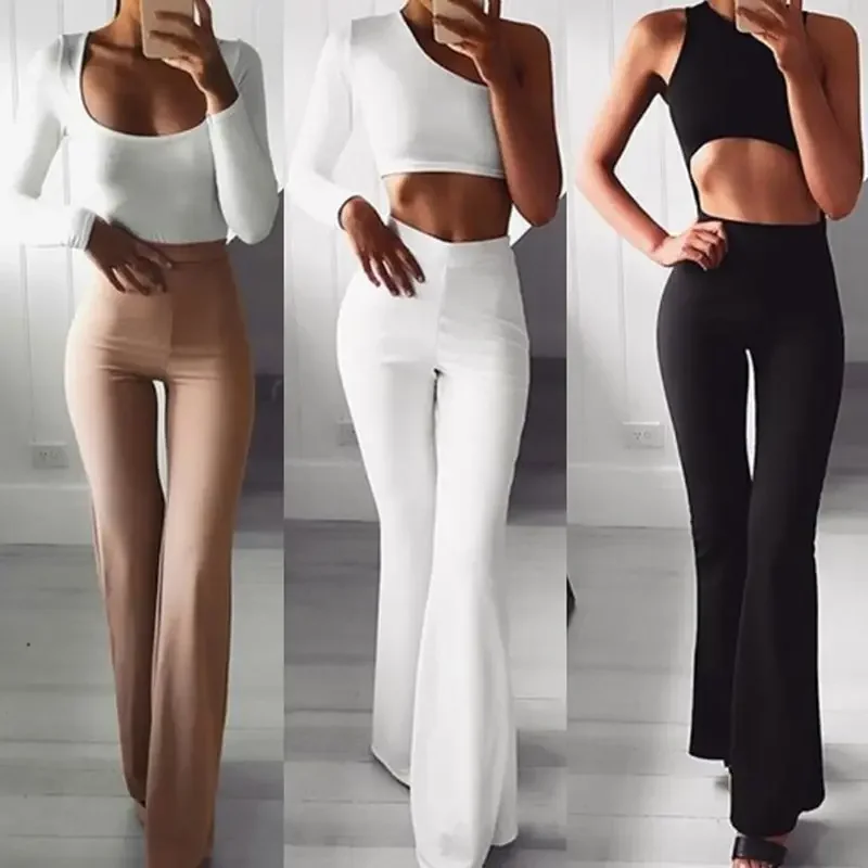 

Sexy Women High Waist Long Pants OL Ladies Career Solid Palazzo Slim Flare Wide Leg Trousers Female Harem Pants