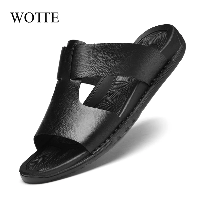 

Men's Slippers Leather Summer Outside Sandals Lightweight Soft Sole Beach Slippers Casual Slide Mens Shoes Big Size 37-46