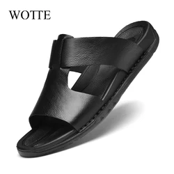 Men's Slippers Leather Summer Outside Sandals Lightweight Soft Sole Beach Slippers Casual Slide Mens Shoes Big Size 37-46