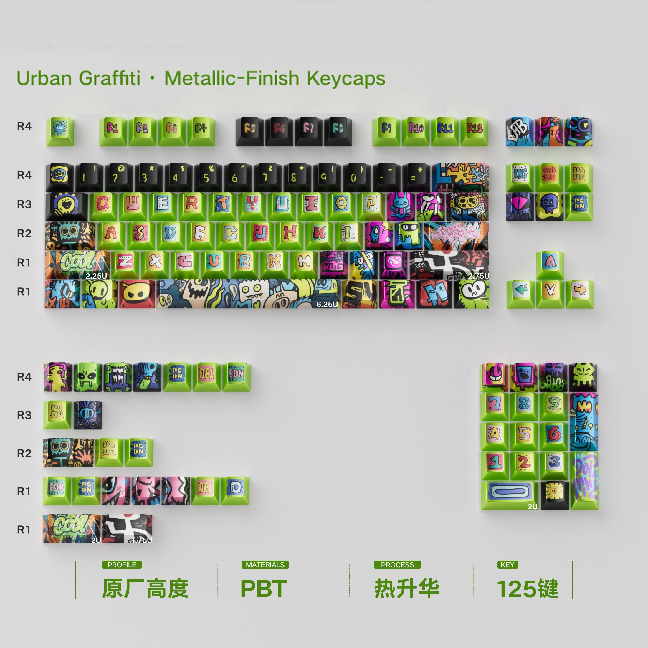 mintcaps-green-urban-graffiti-keycaps-125-keys-metallic-finish-dye-sub-pbt-keycaps-large-font-for-mx-switch-mechanical-keyboard