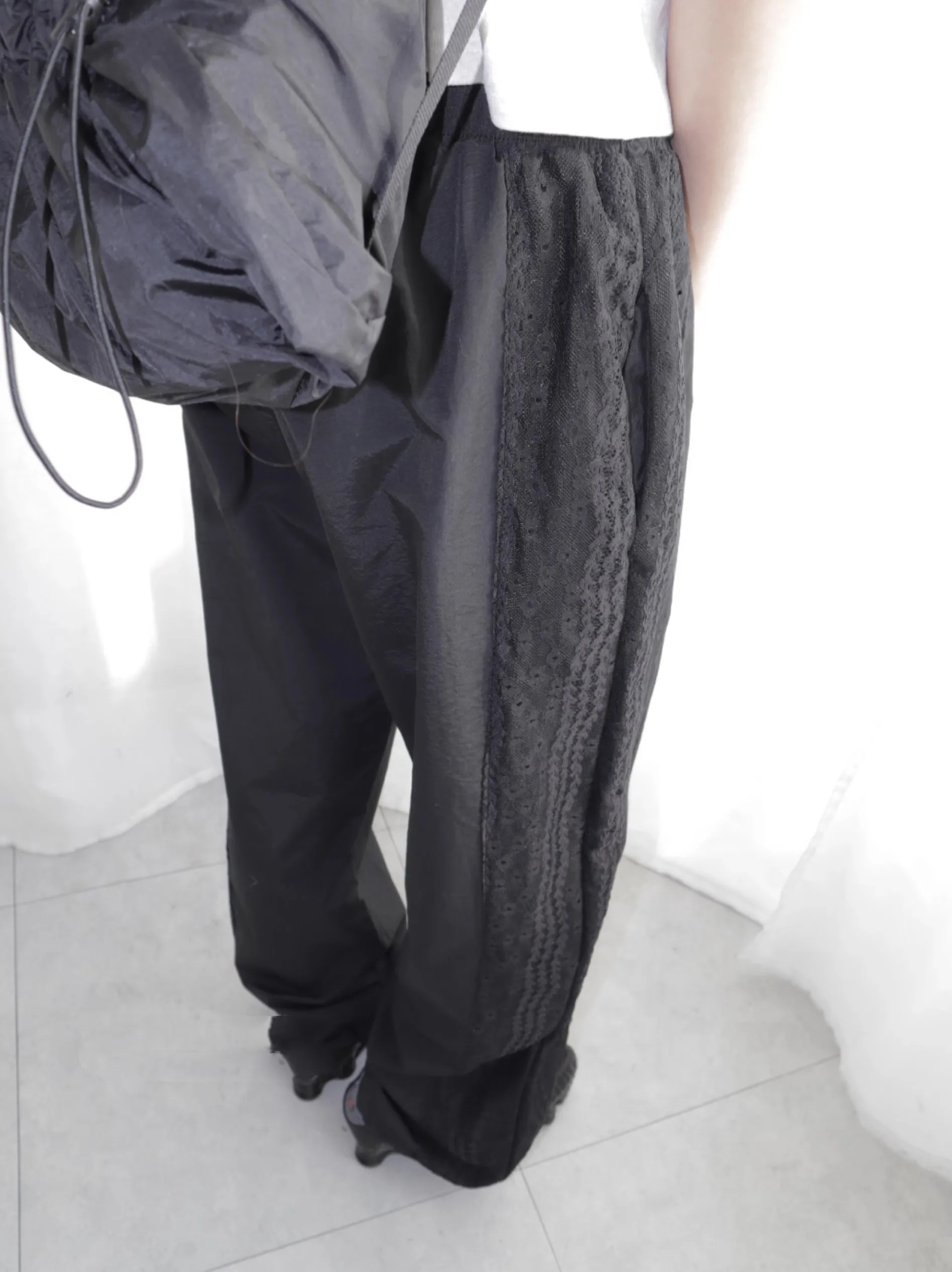 레트로 레이스 스플라이싱 와이드 레그 캐주얼 바지 하이 웨이스트 롱 나일론 여성 전용 디자인 편안한 출퇴근 스타일