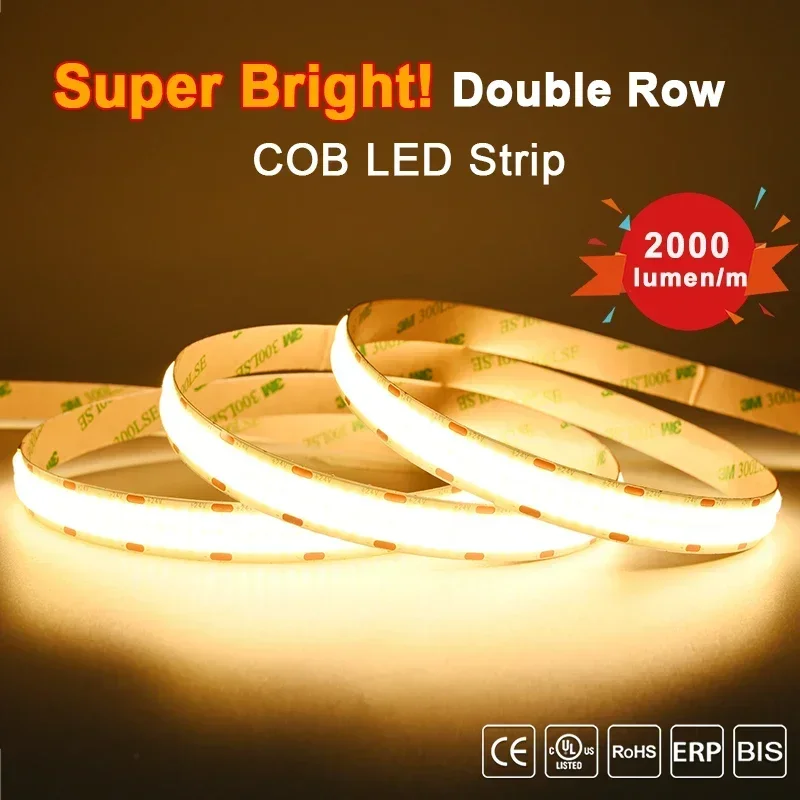 Tira de LED COB de doble fila, 2000lm/m, superbrillante, 600 LED/m, cinta Led regulable Flexible, iluminación Led RA90 3000K 4000K 6500K DC24V