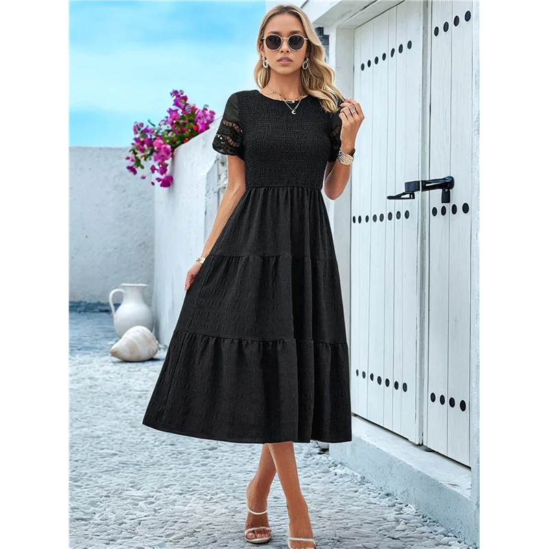 A83F-Vestidos elegantes de color sólido para primavera y verano para mujer, vestido largo recortado con cuello redondo