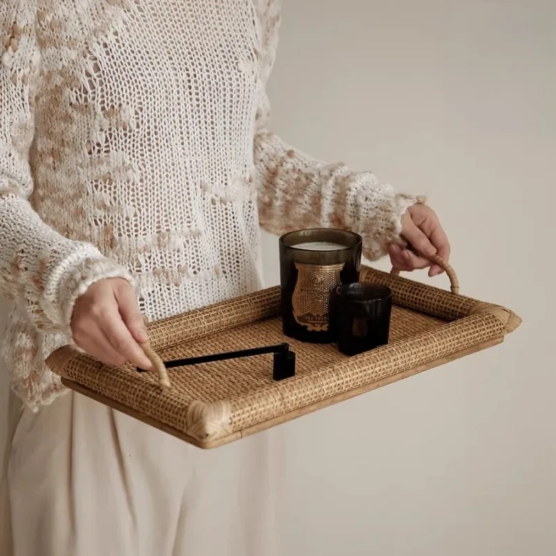 

Multipurpose Rattan Serving Tray - Vintage Style Coffee Table Organizer for Cups, Snacks, Coasters, Rustic Home Decor & Storage