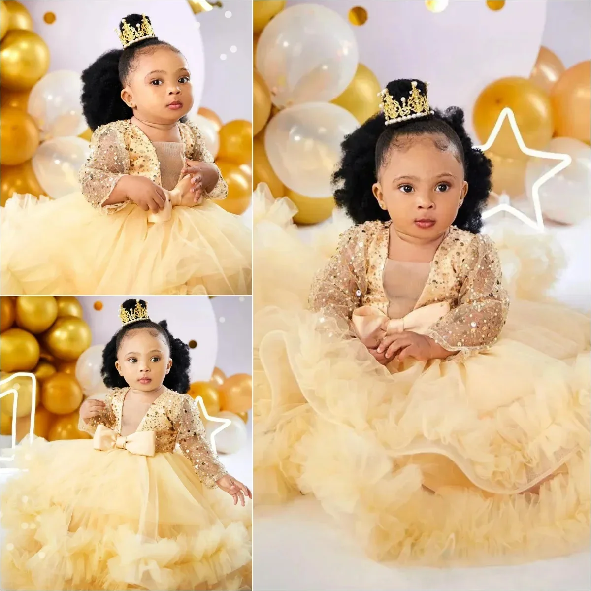 Jolie robe à fleurs pour filles, pour mariage, manches longues, paillettes, Tulle, à plusieurs niveaux, fête d'anniversaire pour enfants, robe de bal de première Communion, personnalisée