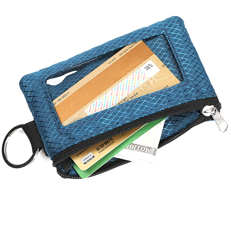 RFID Blocking Small Wallet com ID Window, Estojo de zíper impermeável, Bolsa com chaveiro de cordão para cartões, Bolsa de moedas