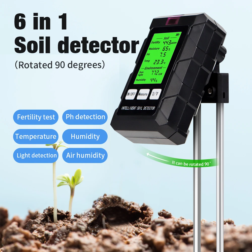 90 Degrees Rotation 6 in 1 Soil Meter Soil PH Tester Moisture Fertility Temperature Air Humidity Light Detector for Garden