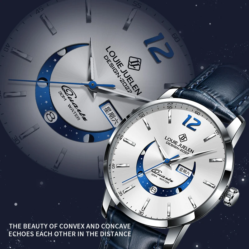 LOUIE JUELEN Men's Moon Phase Luminescent Waterproof Wristwatch - Stylish Genuine Leather Strap Quartz Watch  Luxury Brand Desig