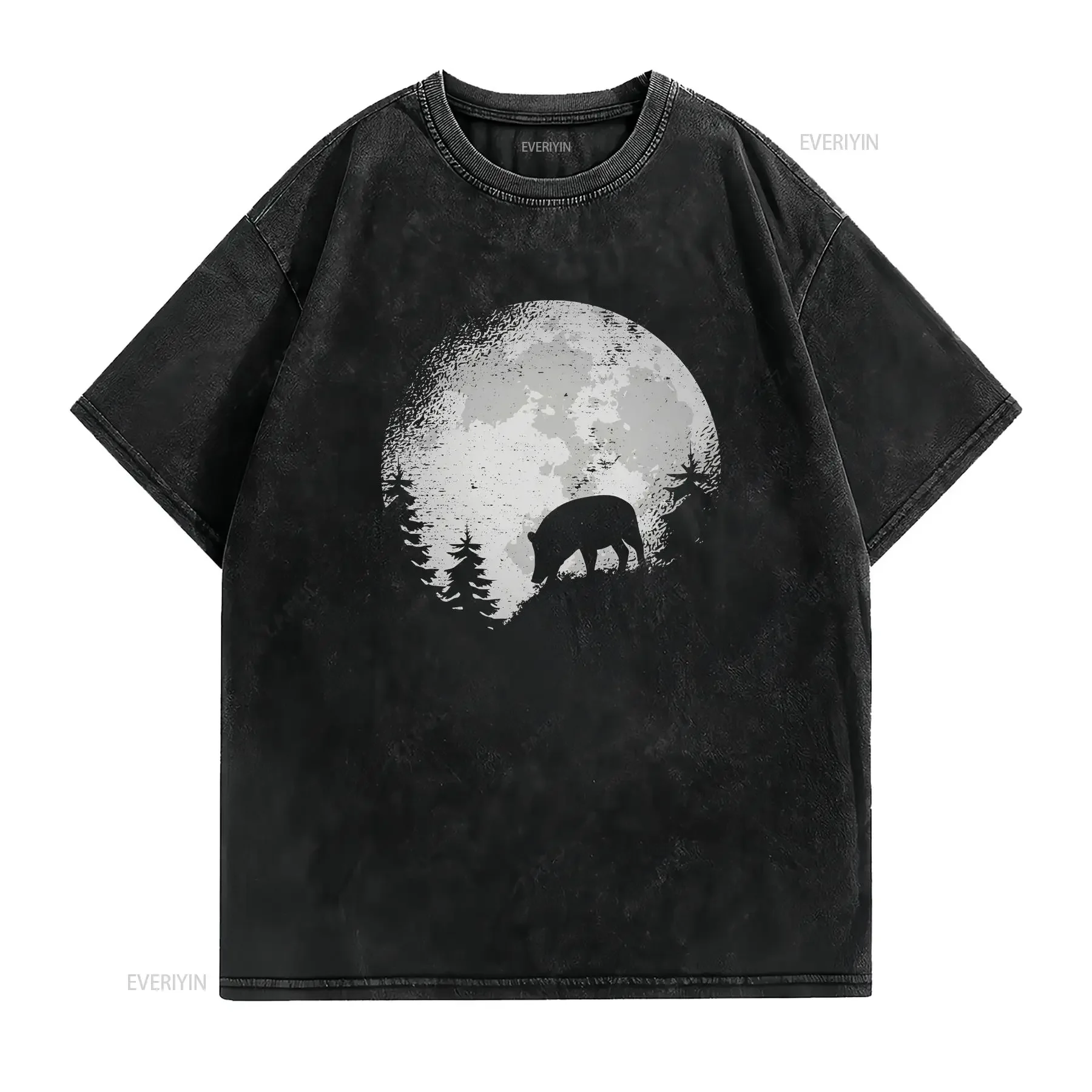 Full moon wild boar t shirt battue hunting license vintage Washed Slightly fashion Breathable designer clothes Unisex Soft