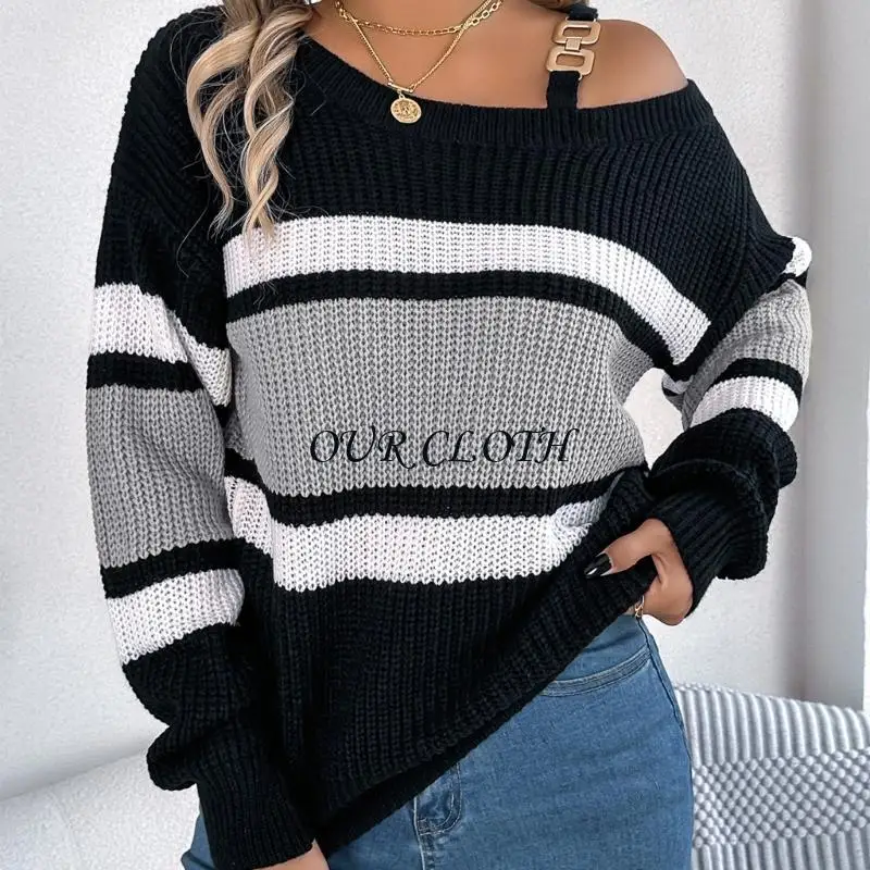 

Women Metal Buckle Cold Shoulder Knitwear Striped Long Puff Sleeve Sweater Top Y1AC