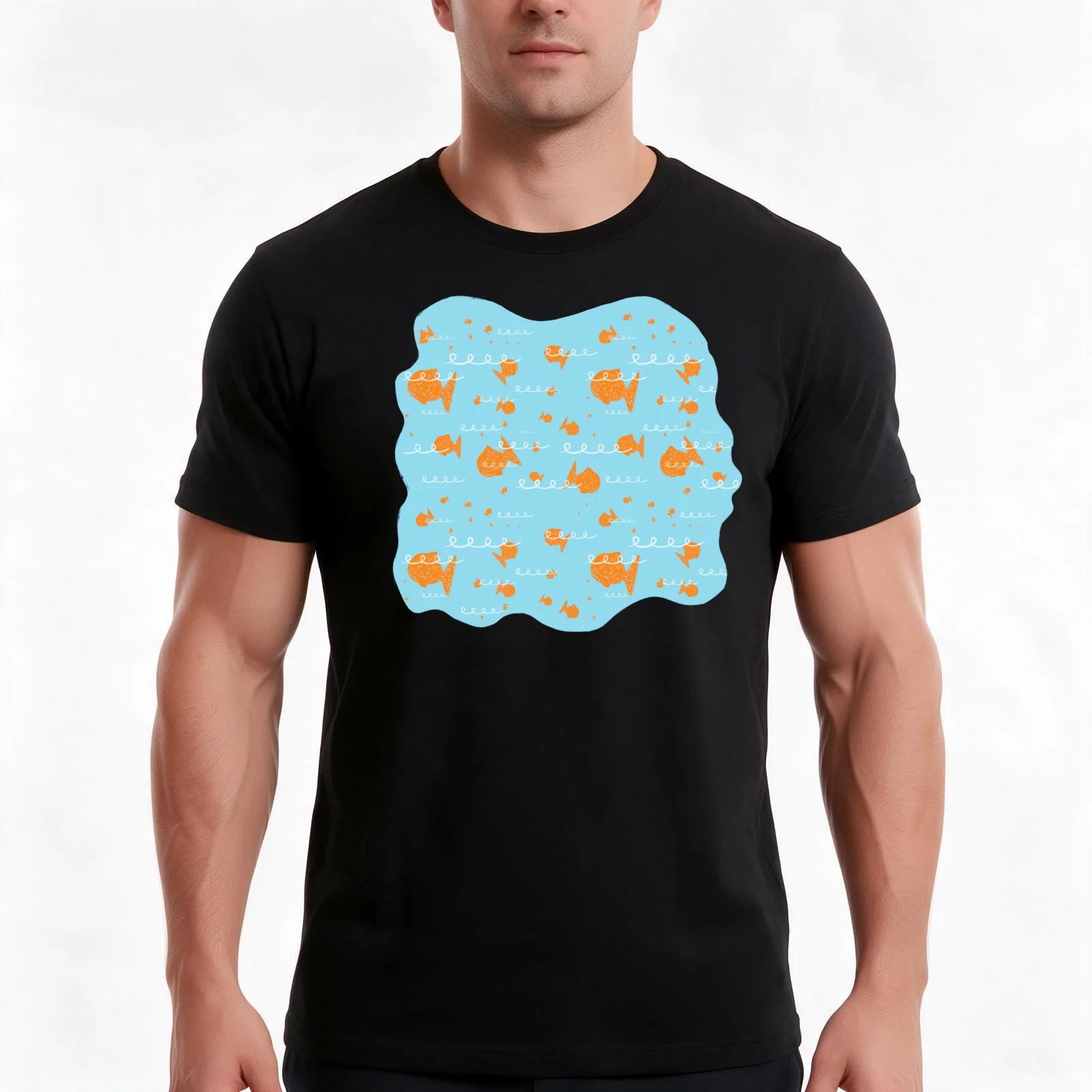 Fish Crackers Squiggle Pattern T-Shirt, Summer Casual Cotton Tee, Oversized Streetwear Tops, Vintage Graphic Print, 100% Cotton
