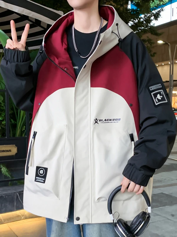 

Casual Loose Men's Workwear Jaet with Hood Sli Polyester Fiber Long Sve Zipper Closure Youth Faion Spring Autumn O...