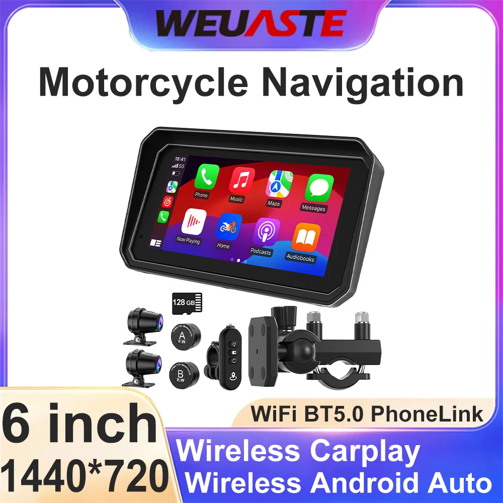 WEUASTE 6 inch Wireless CarPlay Moto Android Auto Portable Digital Motorcycle Dashboard GPS Navigation Monitor Motorcycle Parts