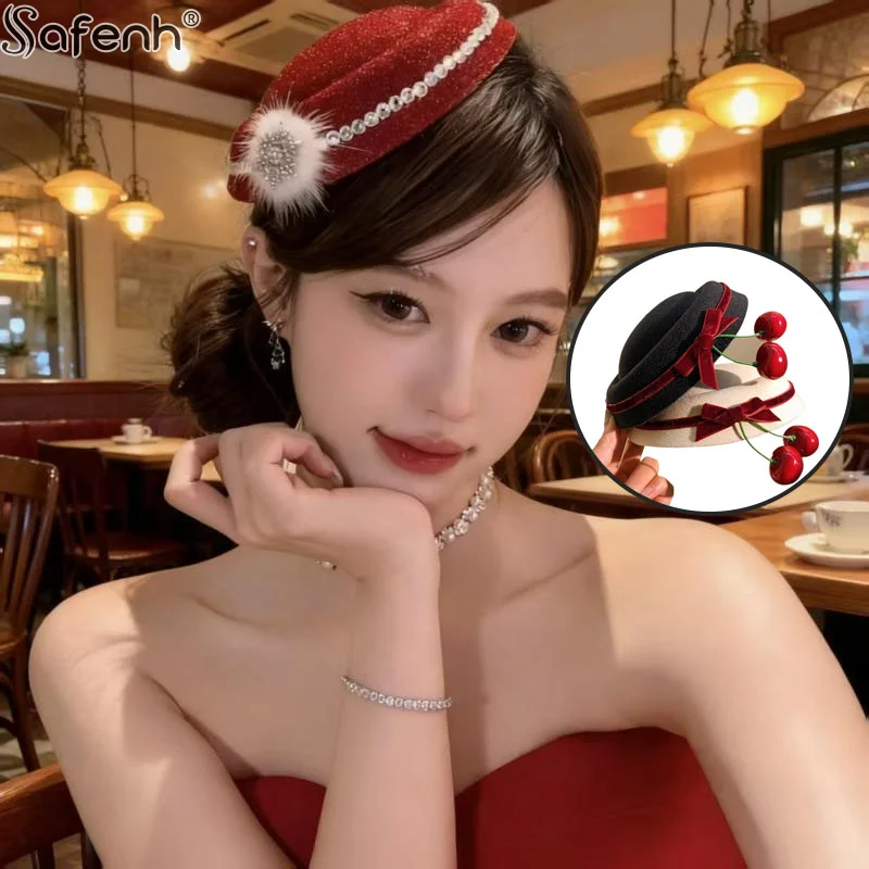 Bow Tie Cherry Beanie Hat Cherry Beanie Hat Velvet Beret Hat
