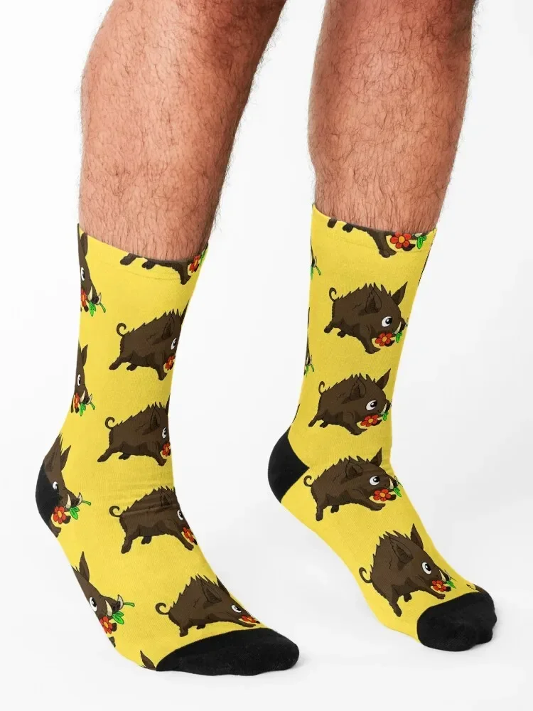 a cute wild boar pig with a flower. kawaii forest animal. Socks cotton shoes floral Socks For Men Women's