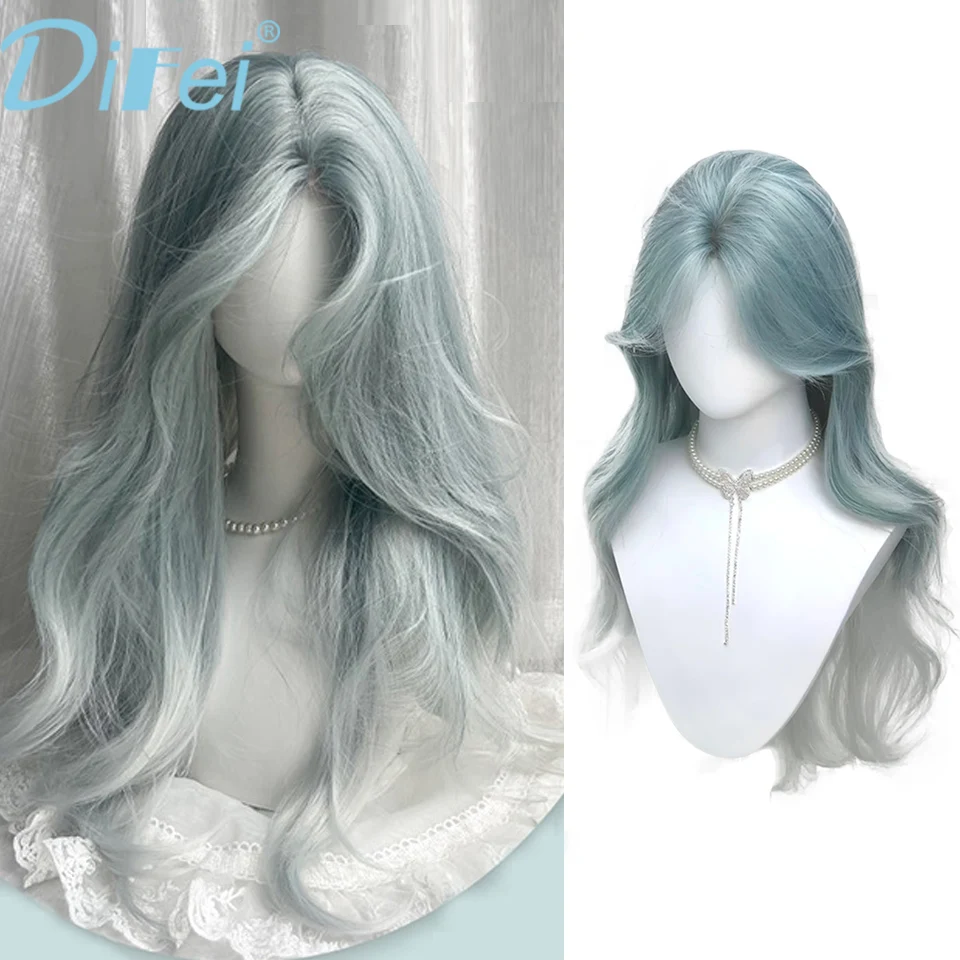 DIFEI Fresh Long Curly Hair Synthetic Wig Female Mint Blue Gradient Elegant Fresh Free With Long Curly Hair Wig Full Head