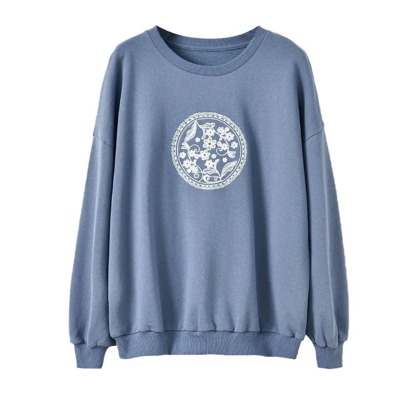 Women O-Neck Loose Casual Sweatshirts Simple Ethnic Style Autumn Winter Long Sleeve Top Retro Floral Embroidery Leisure Pullover