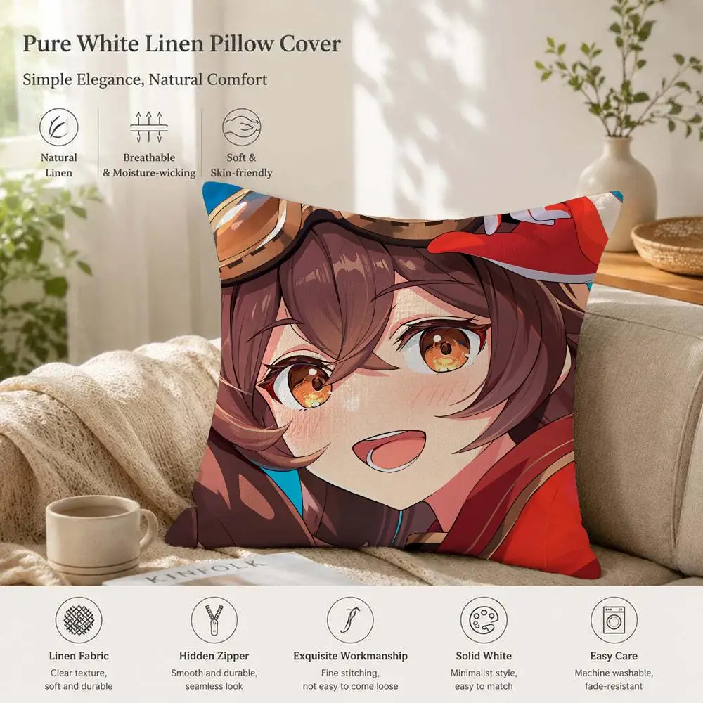 Amber Genshin Game Cushion Cover 1/4PCS Linen Sofa Couch Bedroom Living Room Home Office Decor Pillow Case