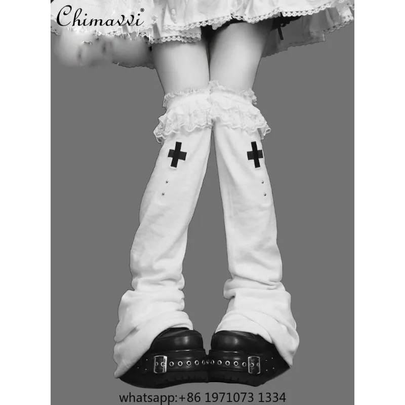 Dark Girls Patchwork Lolita Lace Wide Leg Socks Japanese Mine Series Cross Subculture Leg Warmer Gothic Y2K Thigh High Socks