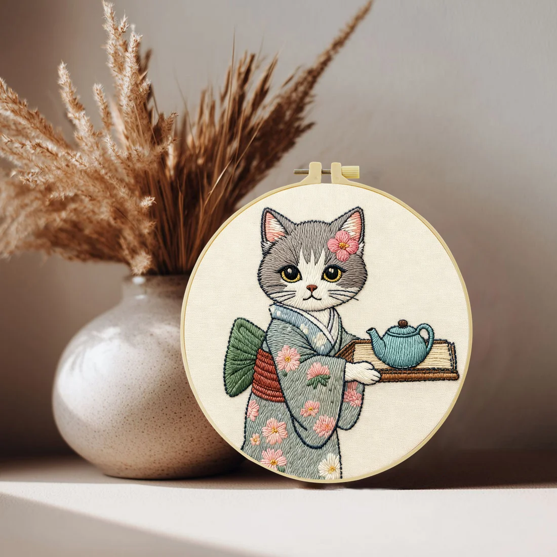 1pc 20X20CM/15X15CM Cat Cat Tea Embroidery Starter Kit DIY Cross Stitch Sewing Art for Gift