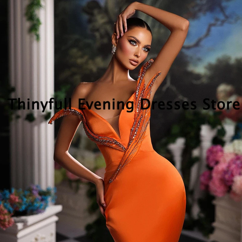 Thinyfull-vestidos de graduación de sirena naranja sin mangas, vestido de noche Formal con cuentas, longitud hasta el suelo, fiesta de Cóctel, Vestidos de Graduación, talla personalizada