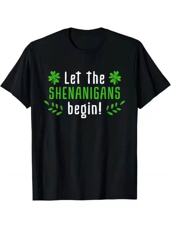 Camiseta gráfica para el Día de San Patricio, camiseta informal negra de manga corta, camiseta divertida con diseño de trébol irlandés para fiestas navideñas